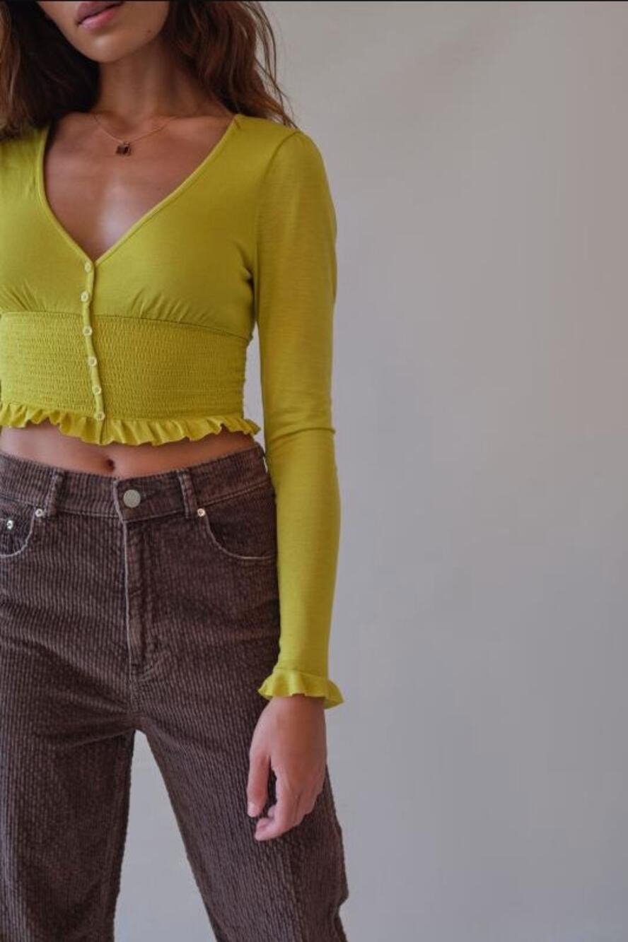 Urban Outfitters Chartreuse Bayside Smocked Button-front Cropped Blouse S